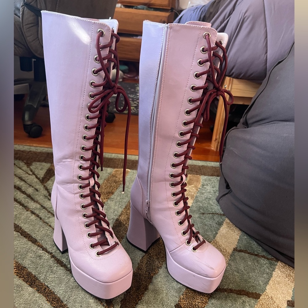 dolls kill lavender lilac knee length boots with heel